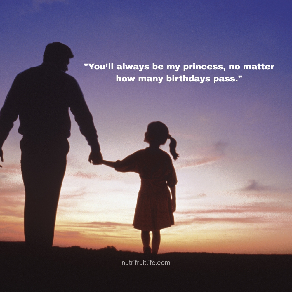 Father holding his daughter lovingly with quote “You’ll always be my princess, no matter how many birthdays pass.”