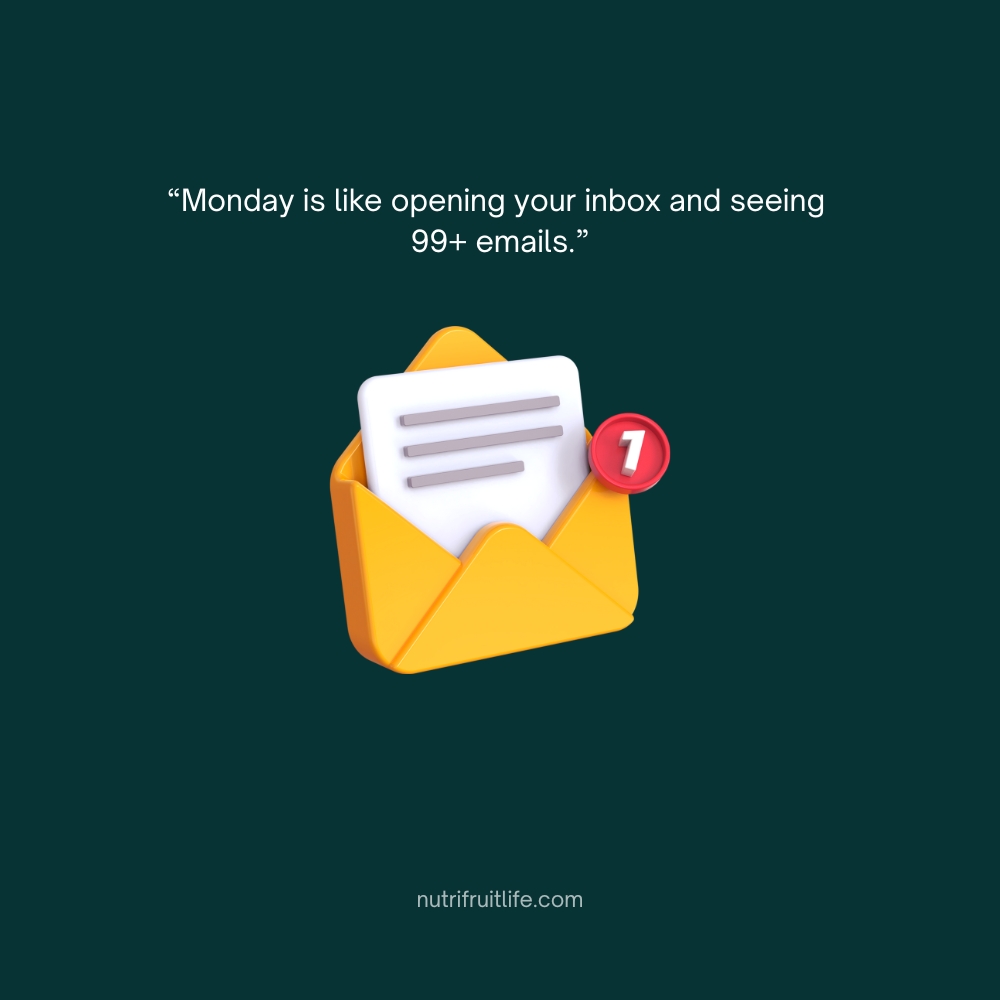 A funny Monday quote showing how overwhelming Mondays feel with endless unread emails.