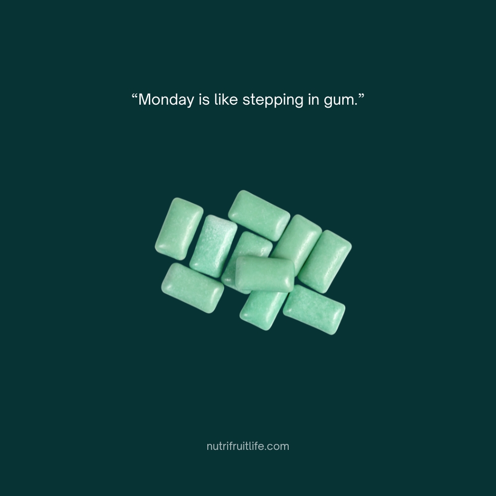 Funny Monday quote comparing Monday to stepping in gum — sticky, annoying, and hard to shake off